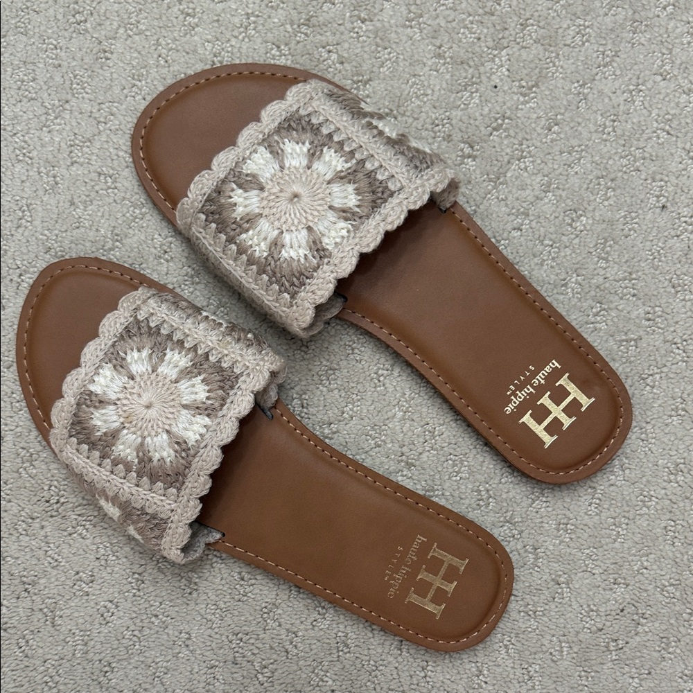 Haute Hippie Brown Crochet Slide Sandals